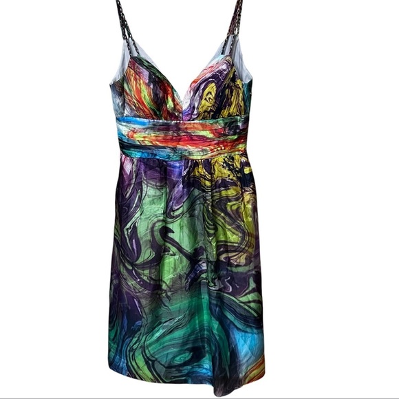 Oleg Cassini 100% Silk Y2K 90s Babydoll Colorful Cocktail Dress size 10 - Picture 1 of 14